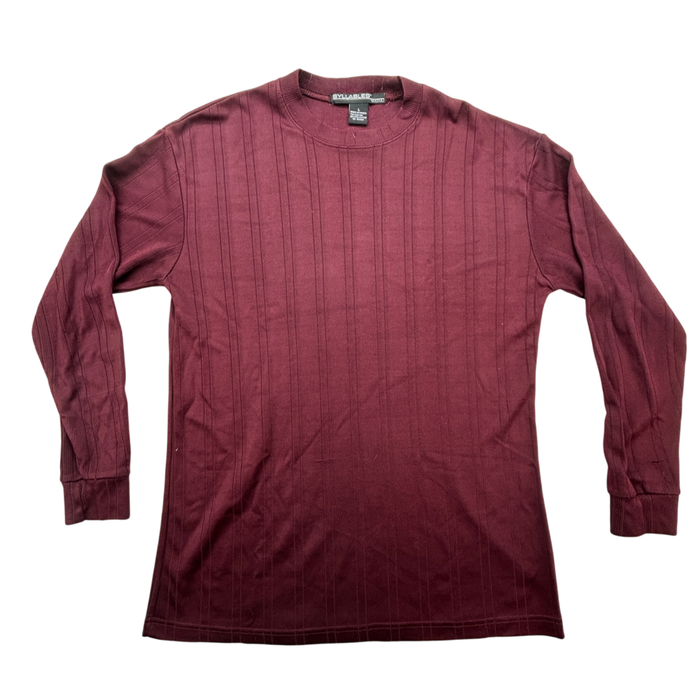 Syllables Shirt Mens Large Maroon Long Sleeve Crewneck Ribbed Knit 90s Retro